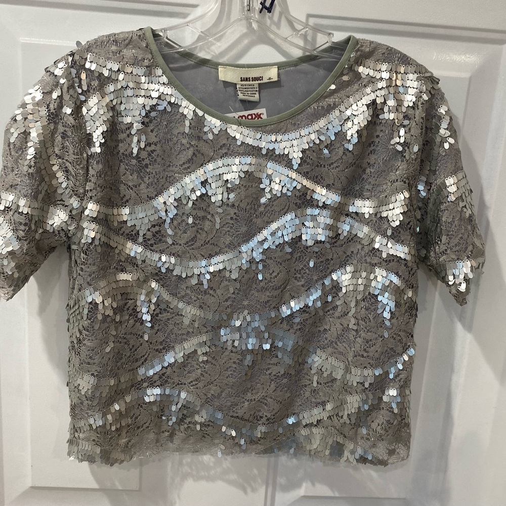 Sans Souci Metallic Silver Sequin Blouse cropped baddie top